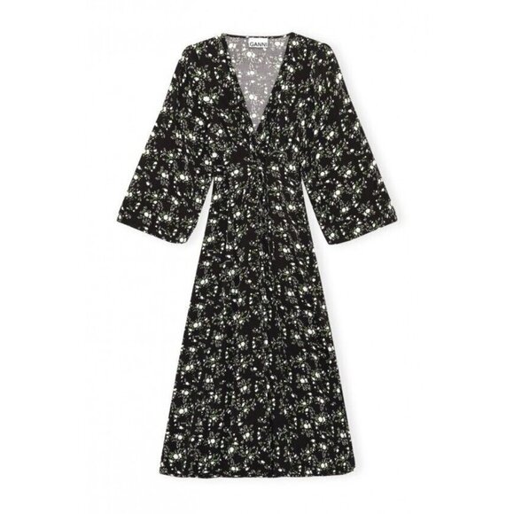 NWT GANNI Floral Printed Crepe Wrap Midi in Phantom Black Dress 34 US 2 $285